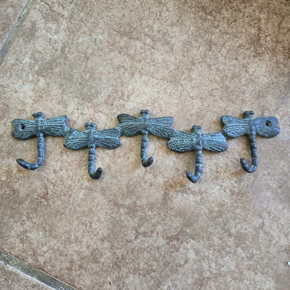 Vintage Dragonfly Wall Hook Rack - Verdigris Green Metal - Cottagecore Decor